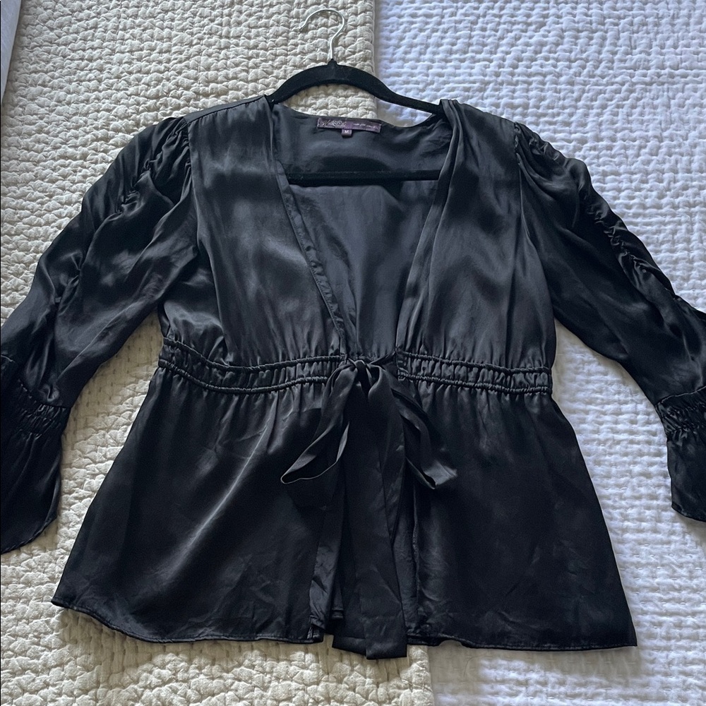 Hale Bob Black Satin Crop Blouse with Tie Front Size M